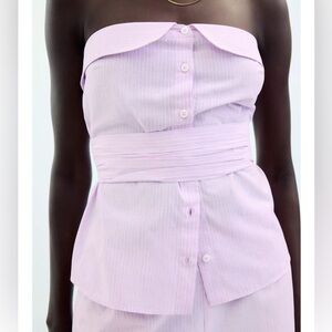 Zara Pink and White belted strapless Striped Top XS